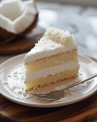 Tasty piece of coconut cake on the white plate