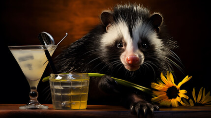 happy hysterical skunk with a cocktail