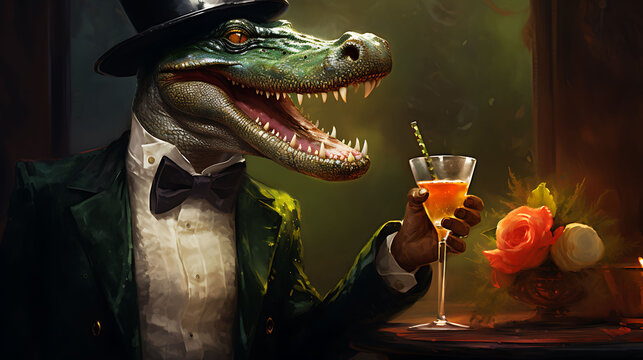 happy jocular crocodile with a cocktail