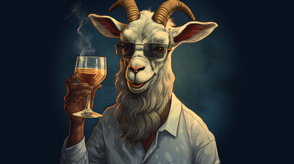 Happy witty goat with a cocktail