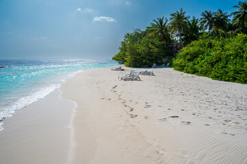 A beautiful sandy beach with white sunbeds. Behind the beach is a dense forest.