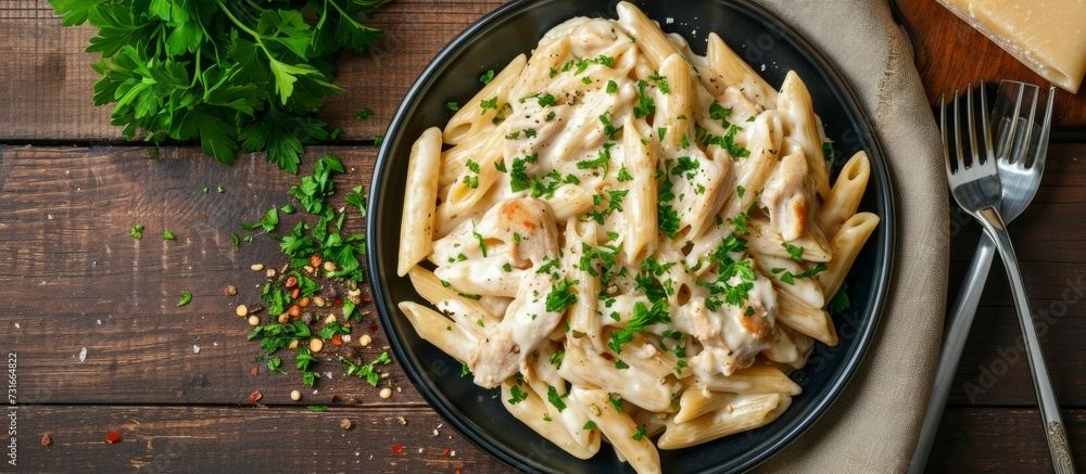 Wall mural Above view of Chicken Alfredo Penne with Parsley on fabric, flat lay - Wall murals
