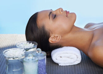Obraz na płótnie Canvas Sleeping, pool or face of woman in resort for wellness, cosmetics or hospitality to relax in hotel. Calm peace, scented candles or zen person in spa on holiday vacation for beauty, skincare or health