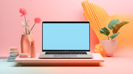 Open laptop with blank screen desktop with plants. Blue wall background. Banner mockup for graphic design interior decor concept