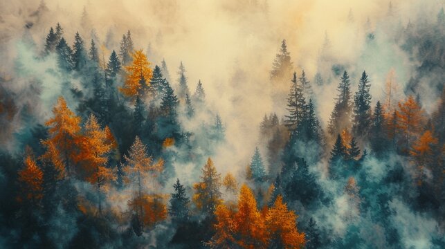 Fototapeta Aerial view of forest in Dolomites in autumn, with mist hanging low over the tree canopy, creating an ethereal and mysterious atmosphere, shafts of golden sunlight filtering through the fog