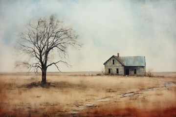 Country Farmhouse in Rustic Landscape Painting

