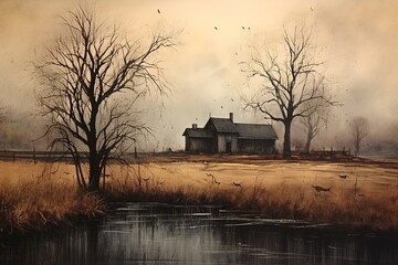Obraz premium Country Farmhouse in Rustic Landscape Painting