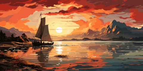 Foto op Plexiglas sailboat in the sea with the evening sunlight, digital art style, illustration painting © Влада Яковенко
