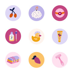 Cute and funny round highlights for social media, blogs, business, branding with spa, hygiene and bathe illustrations. Cover icons for stories with cosmetic products, washing items vector clipart