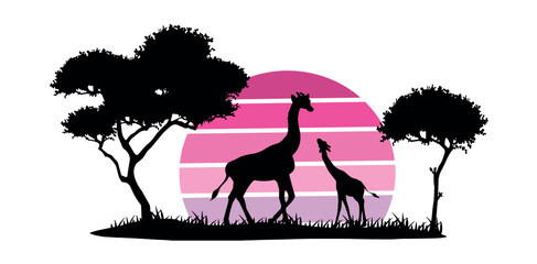 giraffes and trees pink sunset silhouette vector