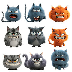 Set of angry cats on transparent background PNG