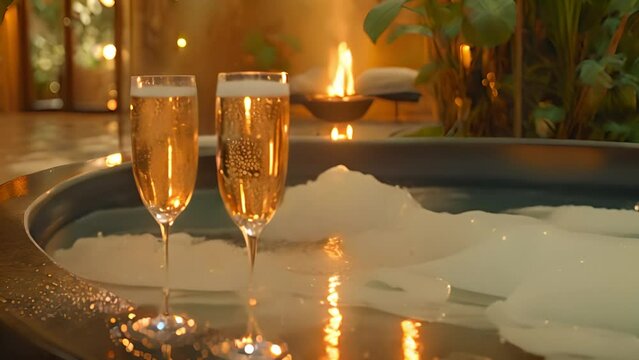 champagne glasses by jacuzzi in resort. romantic scene at resort. Hot tub bubbling on Holiday resort romantic 4k video