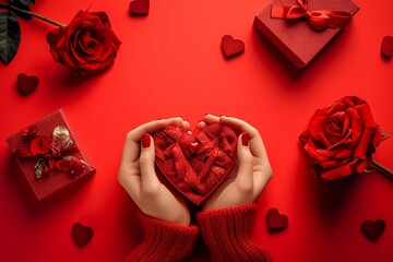 Female hands holding heart-shaped gift boxes and roses on red background. Valentine's Day celebration
