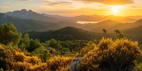 Golden sunset over lush hills, serene lake view beneath vast skies. nature landscape perfect for wall art and backgrounds. serenity captured at dusk. AI