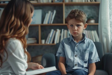 Female psychologist with sad little boy in office