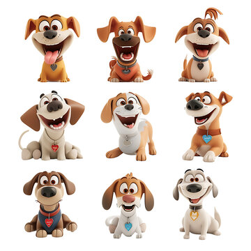 3d rendering set of smiling dog characters on transparent background PNG