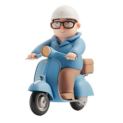 3D rendering of a delivery man driving a scooter on a transparent background PNG.