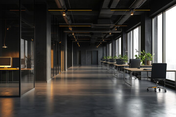 Interior of modern coworking office with black walls, concrete floor, rows of computer tables and panoramic windows