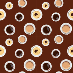 Vector seamless pattern with cups of coffee on a brown background. Ideal for kitchen styling, textiles, wrapping paper, scrapbooking.