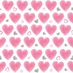 Valentines day, watercolor illustration. Hand drawn  aquarelle pink hearts pattern