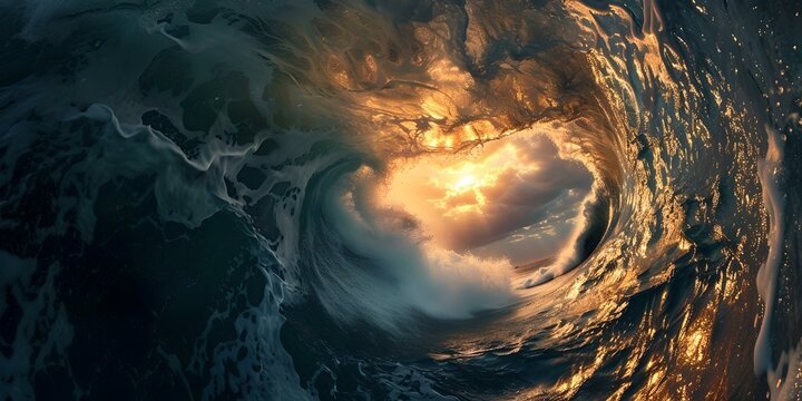 Majestic ocean wave captured at golden sunset, encapsulating nature's might. dynamic and powerful sea photograph. perfect for design and art projects. AI