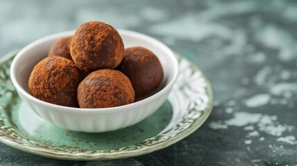 Delicious chocolate truffles lie in a saucer on a green marble table. Concept for National Truffle Day, May 2.