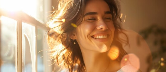 A happy woman with a sunlit smile stands before a window, her hair gently touched by the sun, while her nose, chin, eyebrows, mouth, jaw, ears, and eyelashes add charm to her joyful expression.