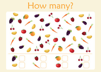 How many counting preschool worksheet for children with fruits and veggies