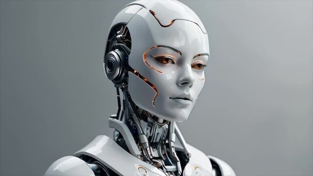 White modern female robot android on white background
