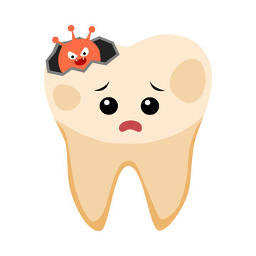 Dental problem. Sad yellow decayed teeth with bacteria vector cartoon.