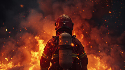 Fototapeta premium Firefighter finds himself immersed in smoke and facing many flames. Space for text. International Firefighters' Day, May 4. 