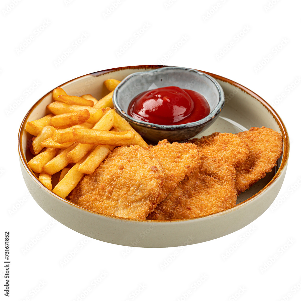 Sticker chicken schnitzels with french fries and ketchup