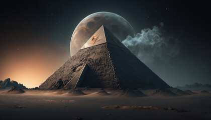 AI-generated illustration of a pyramid at night with the moon in the background.