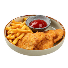Chicken schnitzels with french fries and ketchup