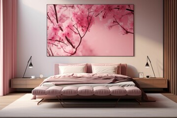 Bedroom boasting a cozy atmosphere, with a calm pink-and-white color palette, AI-generated.