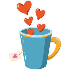 A charming isolated illustration of a cozy blue cup with steam as a shape of vibrant red hearts for Valentines Day