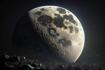 AI-generated illustration of the moon with stains lit from a part on the dark background