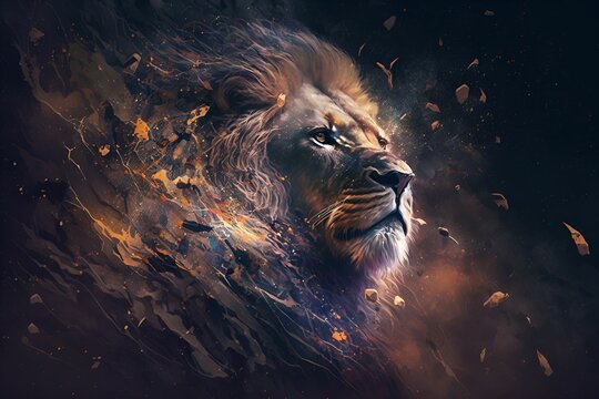 Fototapeta AI-generated illustration of a lion's head with glowing particles