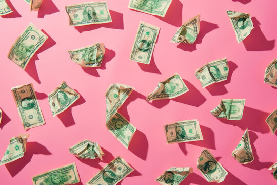 Pattern of crumpled dollar bills lying against pink background.