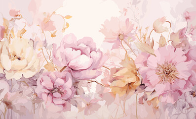 Watercolor pink gold flower abstract mural, peonies, tulips, rose, large delicate voluminous flowers, background, wallpaper