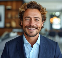 Naklejka premium Portrait of handsome smiling businessman with suit in office background