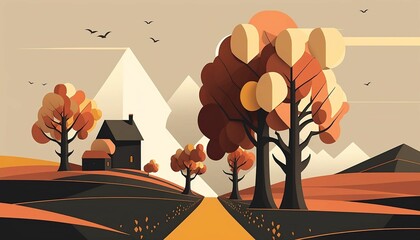 AI generated illustration of orange trees in a valley with mountains and a house in the background