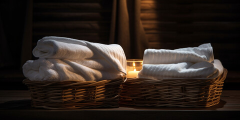 Fototapeta na wymiar Spa towels stack in front of a wooden counter, Candle towel and flame create spa relaxation, 