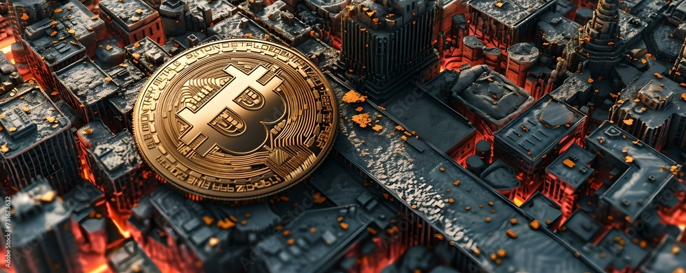 Poster golden bitcoin on circuit board. concept of cryptocurrency and blockchain technology. digital curren