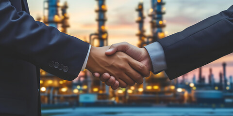 A business handshake has an industrial factory backdrop. - obrazy, fototapety, plakaty