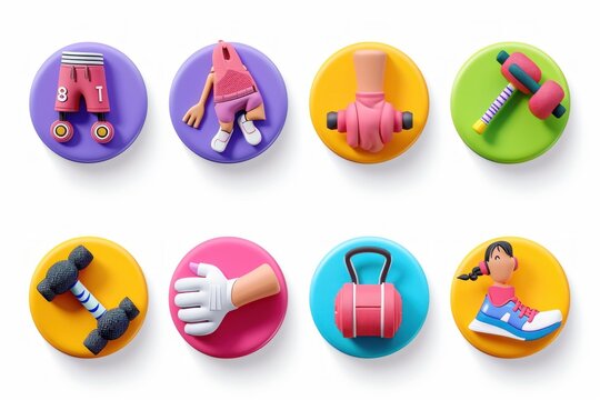 3d render, set of assorted icons for fitness blog, round stickers with hands legs and sportive equipment, social account design. Abstract sport circles isolated on white, Generative AI