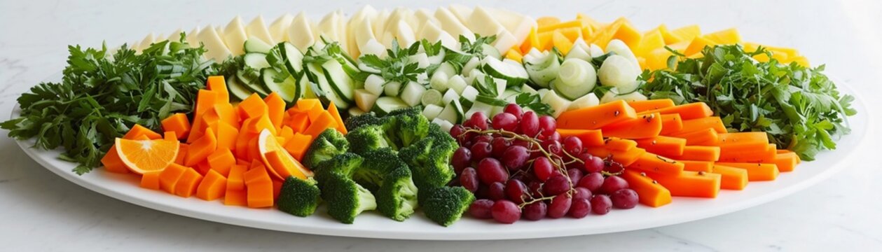 Colorful Salad Platter, assortment of vibrant and fresh salads arranged neatly on a white platter, background image, generative AI