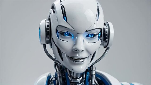 Smiling female robot android on white background