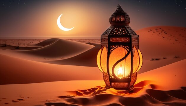 An AI generated illustration of  Lantern in the desert with a crescent in the background.