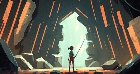 AI generated illustration of a child holding a spear and standing in a cave - obrazy, fototapety, plakaty
